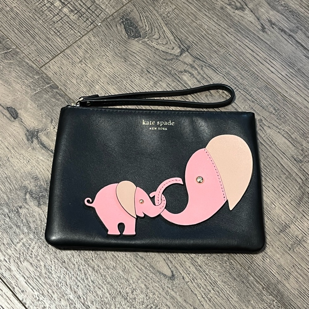 Kate Spade Black Wristlet with Pink Elephant Design